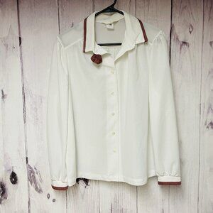 Vintage Devon Womens Size Large Brown Bow Neck Blouse White Cream Shirt